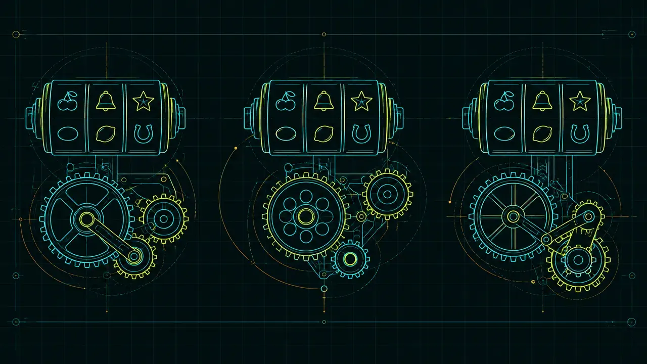 Three identical pokie cabinets side by side with different internal configurations, illustrating one title shipping at several return settings